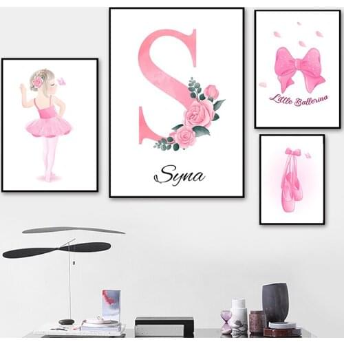 Custom Name Canvas Print Nordic Ballet Girl Poster Nursery Wall Painting Rosered Flower Print Wall Pictures Baby Girl Room Decor