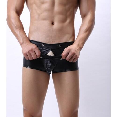 Sexy Men Open Crotch Lingerie Faux Leather Shorts Underpants Underwear Press Button Bulge Pouch Nightwear Panties
