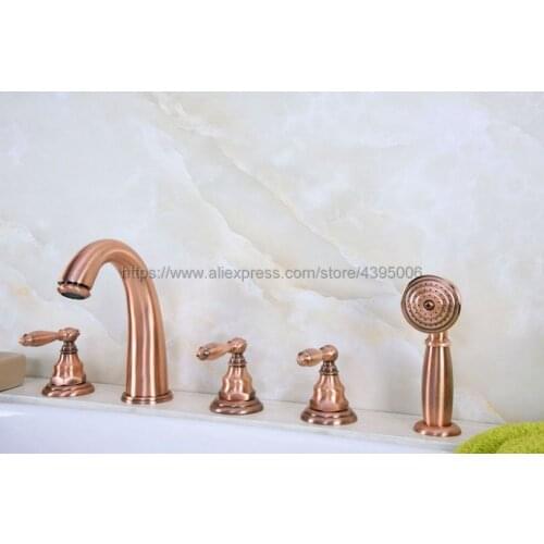 Bathtub Faucet widespread 5 Hole Tub Sink Mixer Tap Red Copper Bathroom Hot Cold Water Faucet with Handshower Btf235
