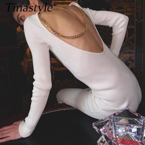 Tinastyle Chains Backless Sexy Party Club Dress Women O Neck Bodycon Midi Dress 2020 Winter Black White Casual Dresses Vestidos
