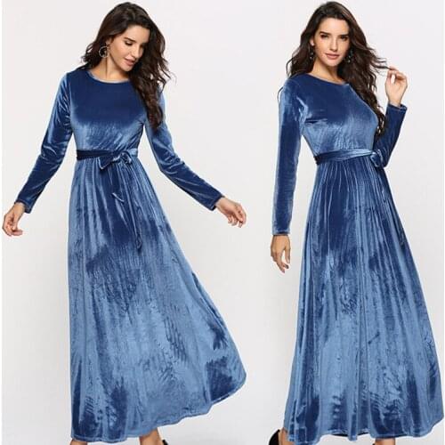 Evening maxi dress 2021 female winter velvet long dress round neck warm banquet party dress blue a-line dresses Robe De Soiree