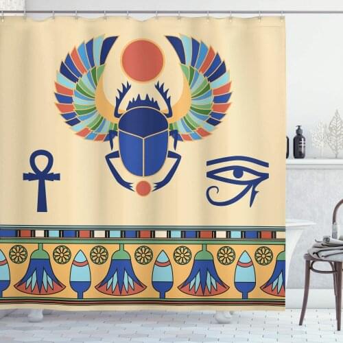 Cream Navy Egyptian Print Shower Curtain Antique Historical Culture Scarab Eye Ornaments Bathroom Curtain