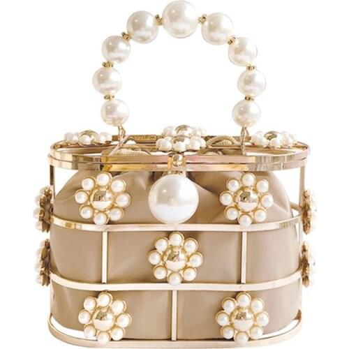 Pearl Decor Basket Evening Bag Hollow Out Metallic Women Clutch Bag Luxury Designer Handbag Bucket Handbags Ladies Party Bags
