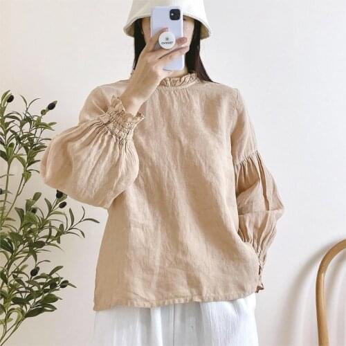 FairyNatural 2021 Spring Autumn Linen Shirts For Ladies Solid Color Female Retro Japanese Loose Lantern Sleeve Tops 3 Colors
