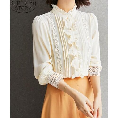 Women Long Sleeve Shirt Autumn Elagant Ruffles Chiffon Blouses Temperament Shirt Apricot Simple Stand Collar Women Tops 16202