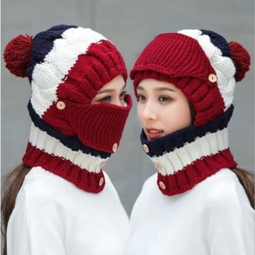Womens Winter Plus Velvet Hat Womens Bib Face Cover Three-Piece Set Warm Knitted Hat Outdoor Casual Winter Hat And Scarf