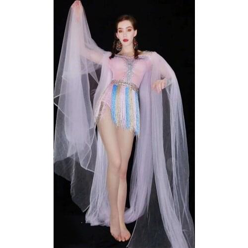 Women White Sexy Tassel Mesh Rhinestone Dance Costume Stage Performance Dress Singers DJ DS Bar Gogo Dance Outfits Dance Clothes