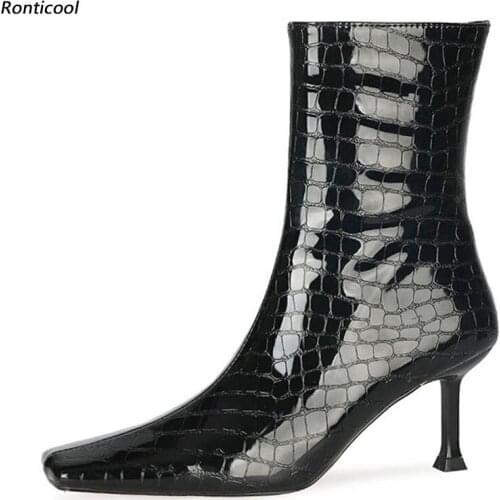 Ronticool Women Winter Ankle Boots Stone Pattern Kitten Heels Square Toe Black Beige Yellow Party Shoes Women Plus US Size 5-13