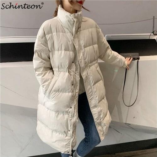 Schinteon Women Long Down Jacket Casual Loose Autumn Winter Warm White Duck Down Outwear Stand Collar with Adjustable Belt Coat