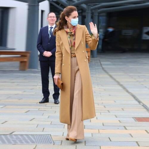 Kate Middleton Plus Size High Quality Elegant Formal Office Lady Workplace Camel Cashmere Woolen Overcoat