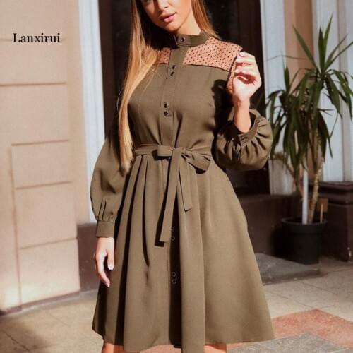 Women Sexy Lace Patchwork a Line Party Dress Ladies Long Puff Sleeve Stand Collar Elegant Dress Fashion Women Knee Dress
