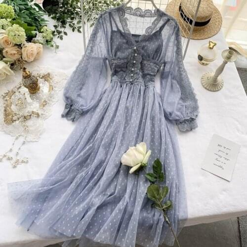Spring Autumn Mesh Dress Women Elegant Slim V-Neck Sweet Hollow Out Long Sleeve Lace Dress High Waist Two Peices Womens Sets