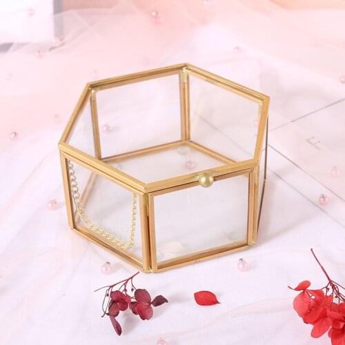 Golden Glass Jewelry Box Geometric Jewelry Organizer Holder Tabletop Lipstick Ring Necklace Earring Container Jewelry Storage