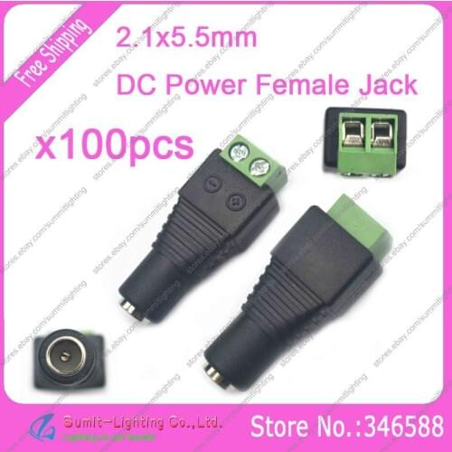 100PCS 5.5x2.1mm DC Power Female Jack Plug Cable Easy Connector Strip-to-DC Power Adapter for single color LED strip light /CCTV