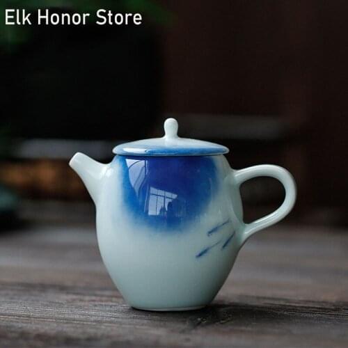 150ml Ancient Hand Painted Misty Blue Ceramic Teapot Banana Bamboo Art Single Tea Pot Handle Ear Teakettle Strainers Teaware