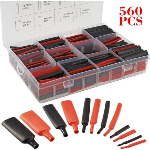 560pcs/set Black & Red 2: 1 Ratio Heat Shrink Tube Heat Shrink Tubing Assortment Wiring Accessories Cable Sleeves