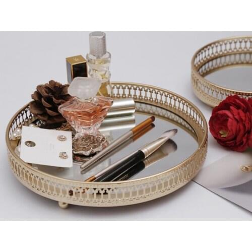Delicate Jewelry Storage Tray Glass Mirror Base Bedroom Desktop Cosmetic Decorative Organize Plate Golden Color