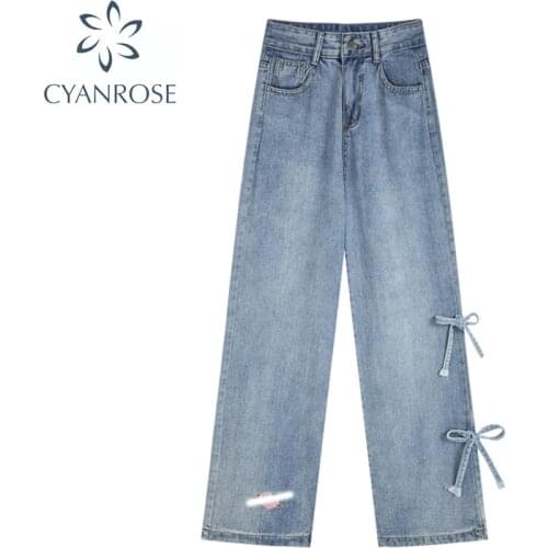 Streetwear High Waist Women Fashion Lace Up Bow Wide Leg Jeans 2021 Autumn New Y2K Punk Casual Denim Pants Mom New Trousers