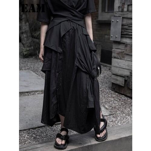 [EAM] High Elastic Waist Black Irregular Pleated Long Holiday Half-body Skirt Women Fashion Tide New Spring Summer 2021 1DE1544