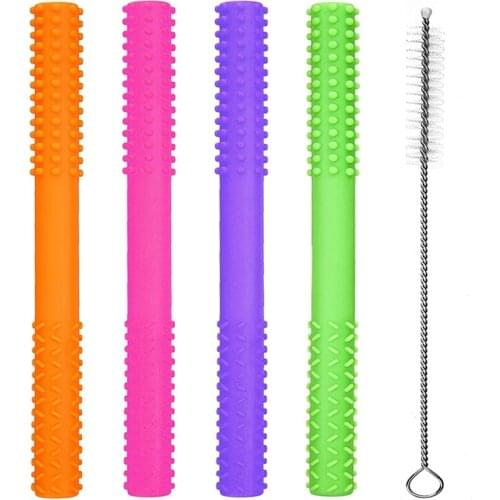 Flexible Hollow Teething Tubes(4Pack-6.8Inch), Soft Silicone Teething Toys for Babies Infants 0-12 Months Old