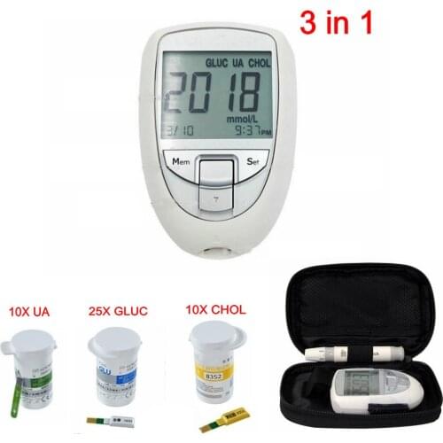 3 In 1 Blood Glucose Meter Cholesterol Uric Acid Testing Meter Kit GLUC UA CHOL Test System +Strips