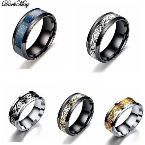 DarkMag Stainless Steel Dragon Ring Carbon Fiber Black Dragon Inlay Comfort Fit For Men Wedding Band Ring Fashion jewelry