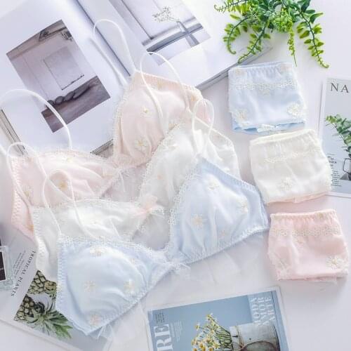 Daisy Embroidery Bralette Womens Japanese Bra & Panties Set Wirefree Soft Underwear Sleep Intimates Set Lolita