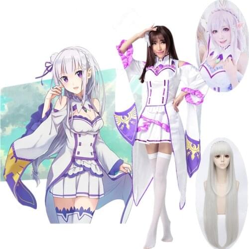 Re:Zero kara Hajimeru Isekai Seikatsu Emilia Cosplay Costume Women Fancy Dress+Headwear Halloween party Costumes in stock