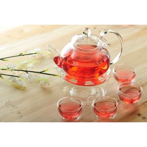 Beautiful 600ml Glass teapot with infuser/filter+ 4/6 Cups + Warmer+candle,tea set brew herbal/flower/Loose leaf/puer tea
