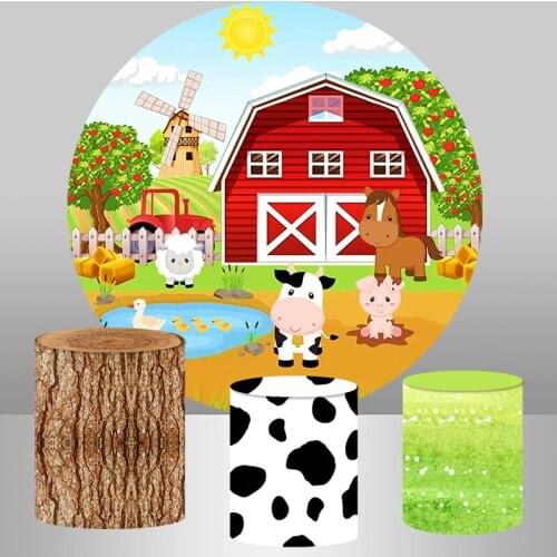Round Backdrop Cover Farm Birthday Party Photocall Decoration Banner Animals Cow Horse Baby Shower Circle Background Banner