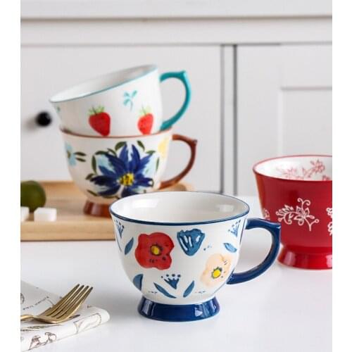 Ins Popular Mugs With Handgrip Big Capacity 450ML Cute Fruit Strawberry Floral Printed Ceramic Cup Suitable For Microwave Oven