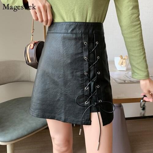 Fashion Black Leather Skirt Women A-Line Female High Waist PU Skirt Casual Lace-Up Causal Solid Mini Skirts Mujer Faldas 11368