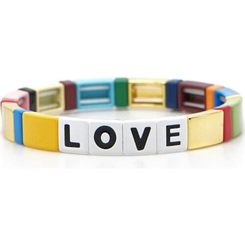 Fashion Bohemian Love Letter Beaded Handmade Bracelet Enamel Rainbow Stackable Alloy Couple Bracelet Fashion Jewelry for Lovers