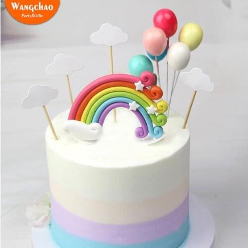 Soft Pottery Rainbow Cake Topper Happy Birthday Wedding Cake Cloud Balloon Cake Flag Birthday Party Baking Decoration Supplies