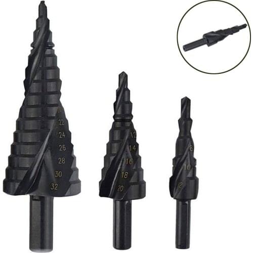 3Pcs HSS Step Cone Taper Drill Bit Set Titanium Nitride Coated Spiral Metal Hole Cutter Loch Power Tools kit Metric 4-12/20/32mm
