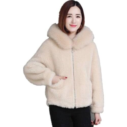 2021 winter new Womens imitation sheep shearing hooded womens short Korean winter new grain fleece jacket