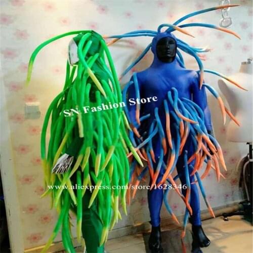 P36 Cosplay wears luminous green bodysuit men stage costumes disco show outfits horn bodysuit female dress clothe bar headdress