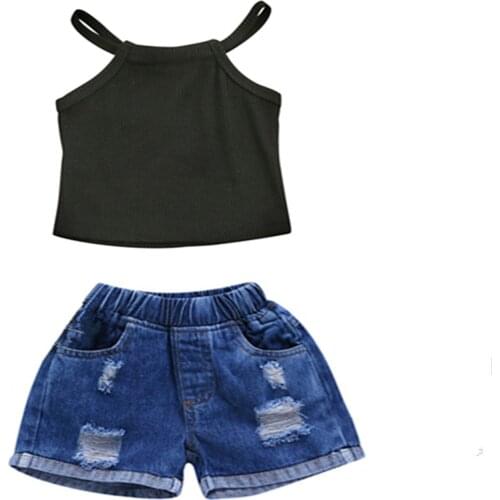 1-5Y Fashion Toddler Baby Girls Clothes Set Solid Sleeveless Tops+Denim Shorts 2pcs Kids Children Outfits Summer Clothes
