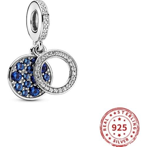 Real 925 Sterling Silver bead Sparkling Blue Disc Double Dangle Charm for Women Fit Pandora Bracelets Bangles DIy Jewelry