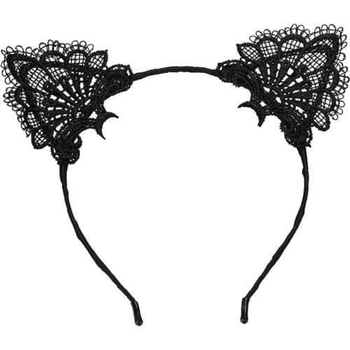 Clothes Accessories Lace Women Sexy Headband 1PC Girls Black Lovely Cat Ear Head Chain Jewelry 20cm Holiday Polyester Headband#L
