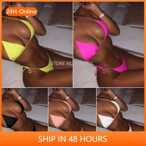 Sexy Micro Neon Brazilian Bikini 2020 Women Halter Swimwear Female Bandeau String Swimsuit Two Pieces Bikini Set Bathing Suit