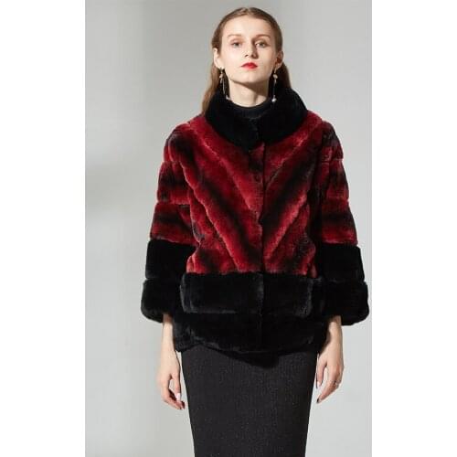 Medium long real rex rabbit coat with stand collar autumn winter natural fur jacket overcoat