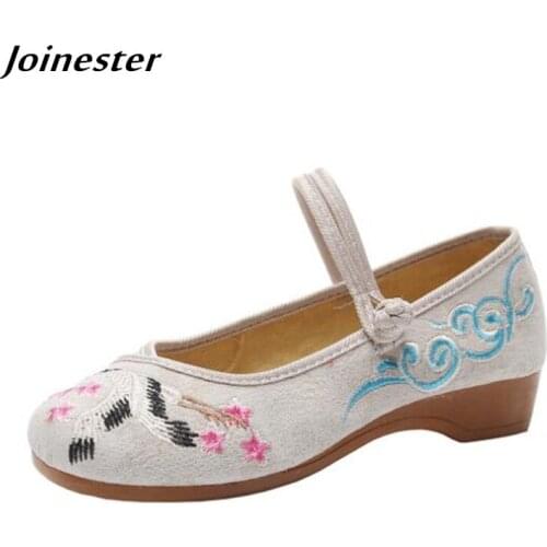 Embroidered Retro Button Pumps Women Low Heel Sandals Mary Jane Loafers Ladies Dancing Shoes for Woman Cotton Fabric Summer Shoe