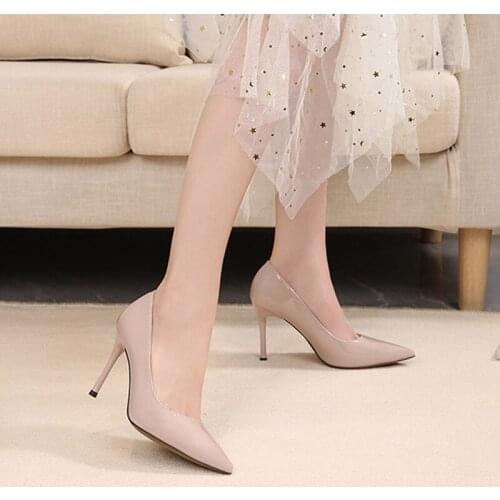 Nude Gray Womens Shoes Patent Leather Shoes Woman High Heel Fashion 7CM/9CM Shallow Mouth Pointed Stiletto Heel High Size 33-41