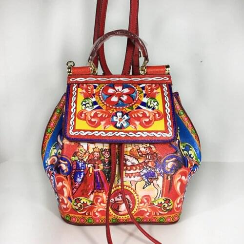 Rome Style Vintage Genuine Leather Hand Made Flower Prince Princess Designer Womens Drawstring Backpacks Ladies Floral Backpack