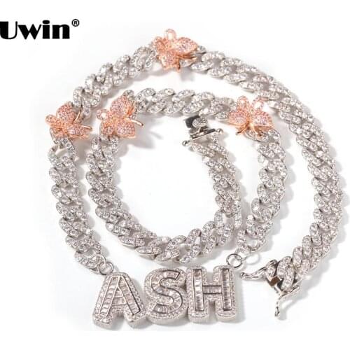 Uiwn Fashion Jewelry Custom Name Necklace 9mm Cuban Chain With Butterflies Baguette Letters Iced Out Zircon Pendants Necklaces