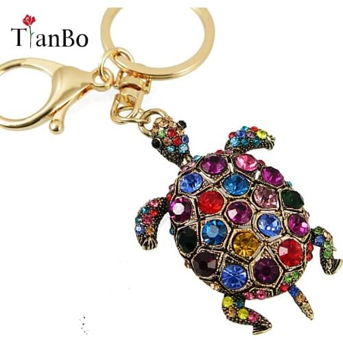 Lovely Tortoise Creative Fashion Cute Purse Bag multicolor Rhinestone Crystal Key Chain Gift Ring Original Handmade jewelry