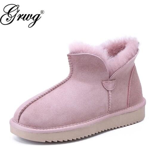 GRWG sheepskin leather women boots 100% natural fur lined winter ankle snow boots for women fashion short basic winter shoes