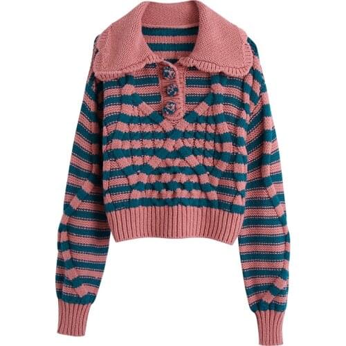Women cable-knit sweater with stripes Fashion Pullovers Ladies Winter peter pan collar Sweater Korean College Style Women Jumper