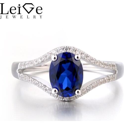 Leige Jewelry Lab Blue Sapphire Solid 925 Sterling Silver Ring Gemstone September Birthstone Oval Cut Engagement Promise Rings